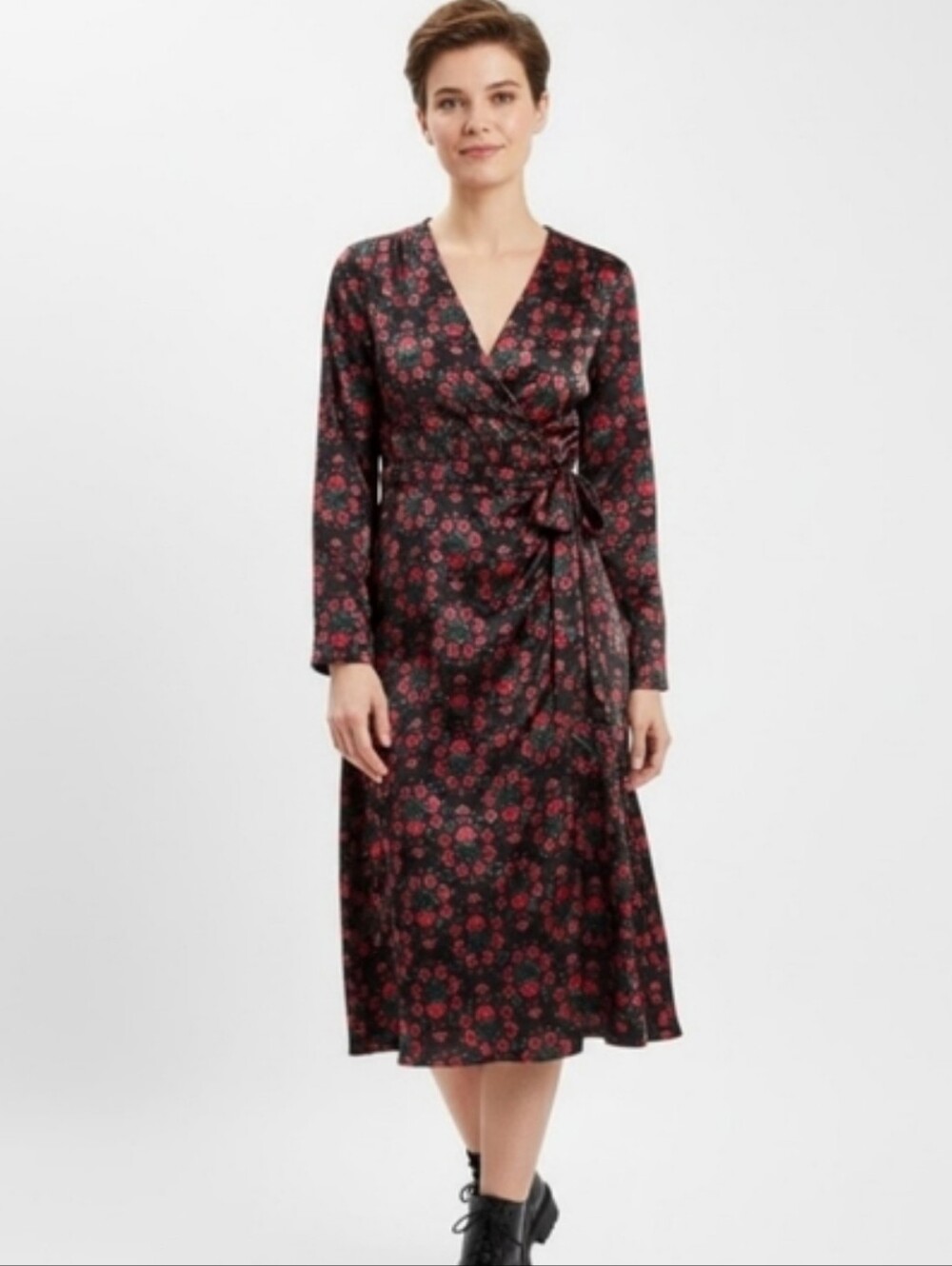 ON‎ 34TH Floral Faux Wrap Dress Long Sleeve Satin Multicolor Floral Print XS